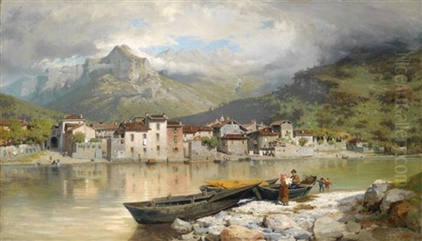 Fischerfamilie Bei Lecco Am Comersee Oil Painting by Ercole Calvi