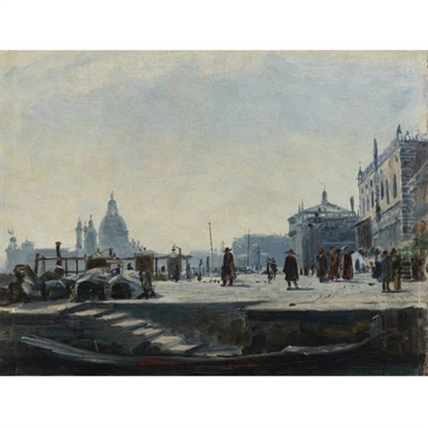 View Of The Riva Degli Schiavoni, Venice, Looking West Towards The Palazzo Ducale And The Punta Della Dogana Oil Painting by Ercole Calvi