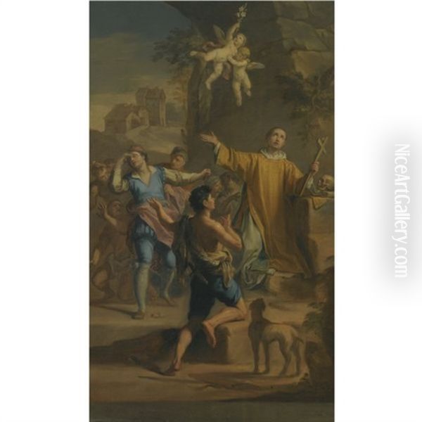 An Outdoor Scene With A Saint In Ecstatic Rapture, Surrounded By Devotees Oil Painting by Jacopo Alessandro Calvi