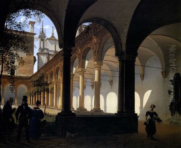 Il Chiostro Della Certosa Di Pavia Oil Painting by Pompeo Calvi