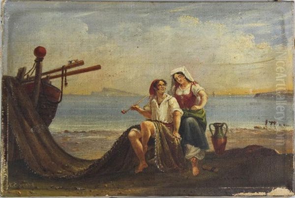 Fisherman And Wife By The Shore Oil Painting by Nicolino V. Calyo