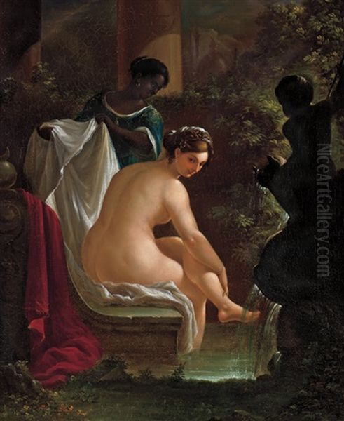 Preparing Her Bath Oil Painting by Nicolino V. Calyo