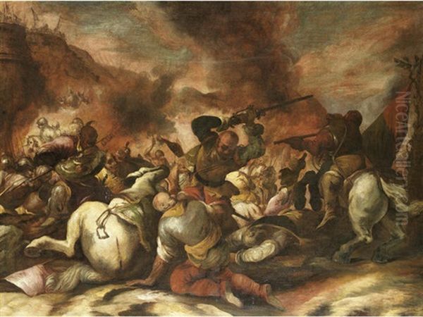 A Cavalry Battle (+ A Siege; Pair) Oil Painting by Antonio Calza