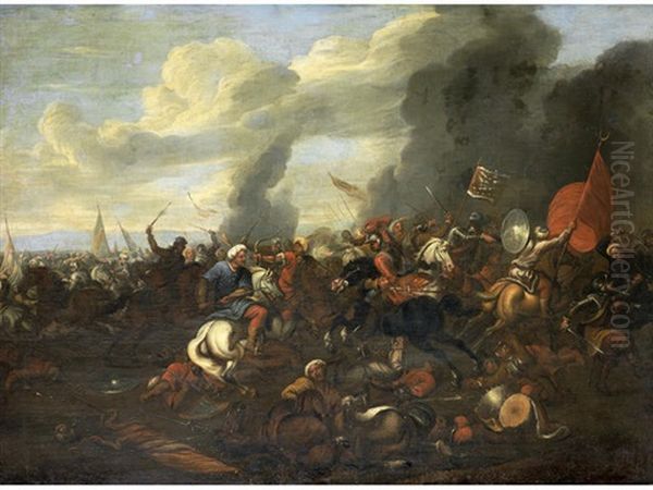 A Cavalry Skirmish Between Turks And Christians Oil Painting by Antonio Calza