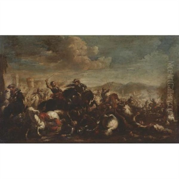 Cavalry Skirmish Oil Painting by Antonio Calza