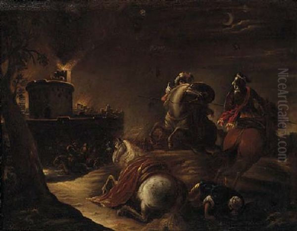 Christians And Turks Before A Besieged Castle Oil Painting by Antonio Calza