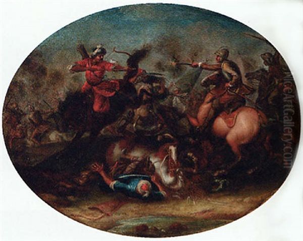 A Cavalry Engagement Between Turks And Saracens Oil Painting by Antonio Calza