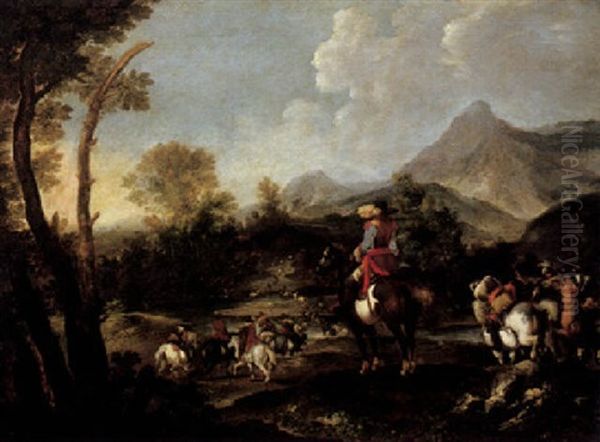 A Mountainous Valley With Soldiers On Horseback Crossing A River Oil Painting by Antonio Calza