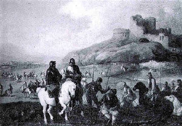 A Cavalry Regiment Engaging For Battle Before A Fortress Oil Painting by Antonio Calza