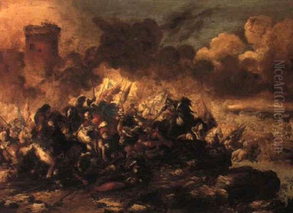 Battle Scene With Turks Fighting Christians Oil Painting by Antonio Calza