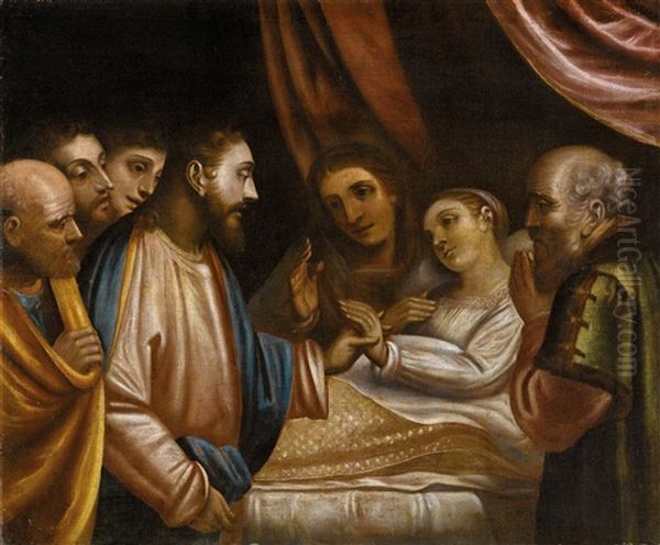 Christ Healing The Bleeding Woman Oil Painting by Luca Cambiaso