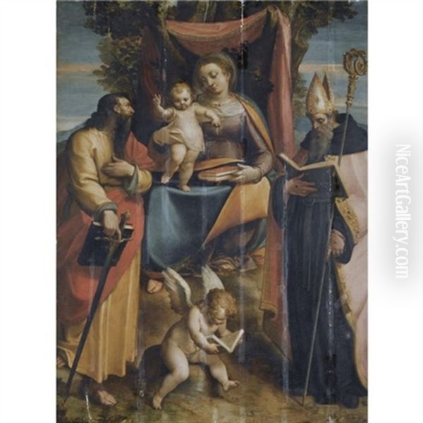 A Sacra Conversazione: The Madonna And Child With Saints Paul And Augustine, A Putto Reading At Their Feet Oil Painting by Luca Cambiaso