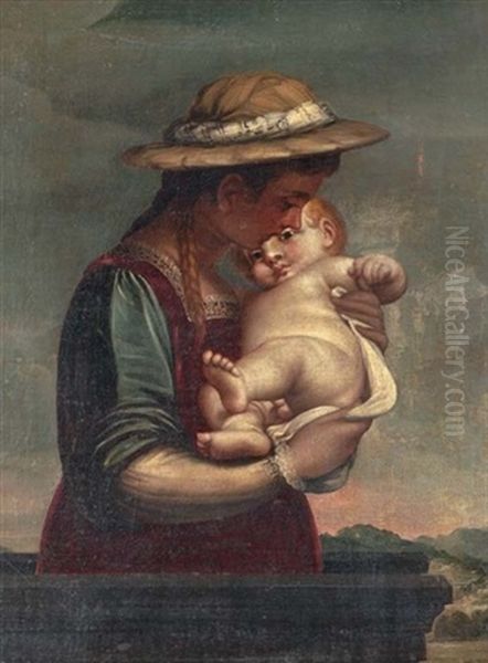 A Woman With A Straw Hat Holding A Child On A Balcony, An Extensive Landscape Beyond Oil Painting by Luca Cambiaso