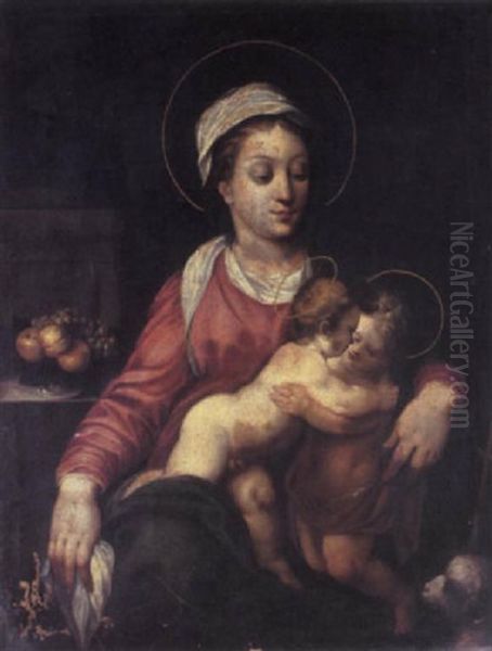 The Madonna And Child With The Infant Saint John The Baptist Oil Painting by Luca Cambiaso