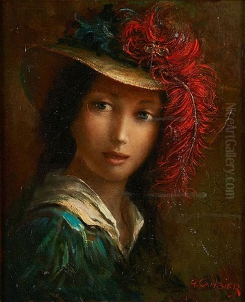 Portrait A La Plume Rouge Oil Painting by Louis Gustave Cambier