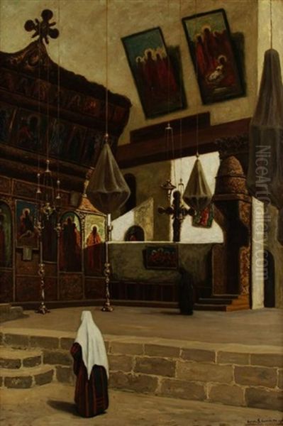 L'interieur De La Chapelle De La Nativite A Bethleem Oil Painting by Louis Gustave Cambier