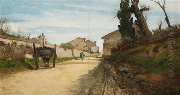 Village Street With Horse Drawn Cart Oil Painting by David Young Cameron