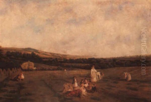 Women And Children In A Field Oil Painting by David Young Cameron