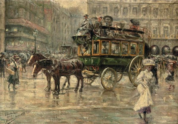 L'omnibus: A Busy Town Square, Paris Oil Painting by Eugenio Alvarez Dumont