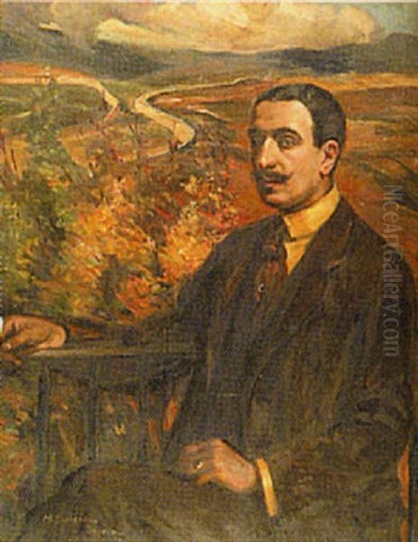 Portrait Of Gentleman Seated On A Balcony, A Spanish Landscape Beyond Oil Painting by Mary Cameron