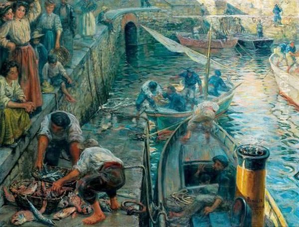 Pecheurs Sur Le Port De Biarritz Oil Painting by Eugenio Alvarez Dumont