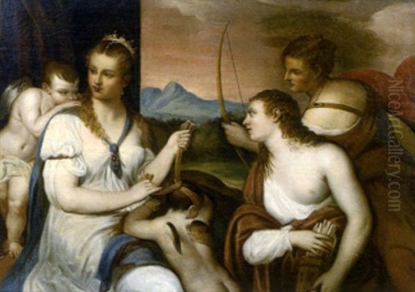 Venus Bandant Les Yeux A L'amour (after Titian) Oil Painting by Alexandre-Francois Caminade