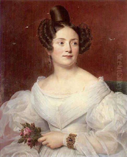 Portrait De Jeune Femme Au Bouquet Oil Painting by Alexandre-Francois Caminade