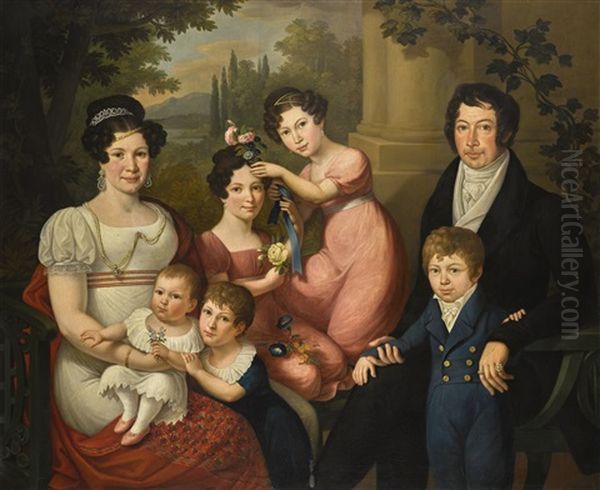 Family Portrait, Believed To Be The Borbone-spagna Family: Maria Isabella (1789-1884) With Her Husband Francis I Of The Two Sicilies (1777-1830), With Their Children, A Landscape Beyond Oil Painting by Giuseppe Cammarano