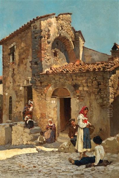 Italian Street Scene Oil Painting by Michele Cammarano