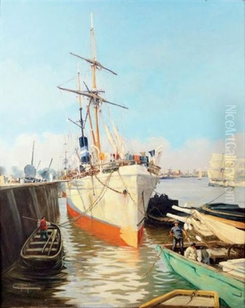 Le Havre, Bateau Au Port Oil Painting by Jacques-Marie Omer Camoreyt