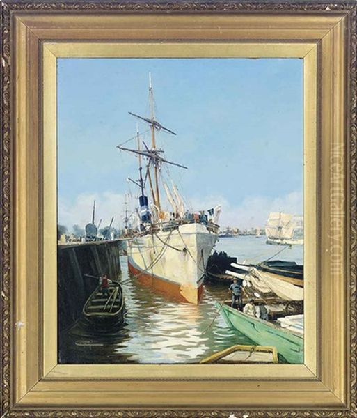 Boats In A Harbor Oil Painting by Jacques-Marie Omer Camoreyt