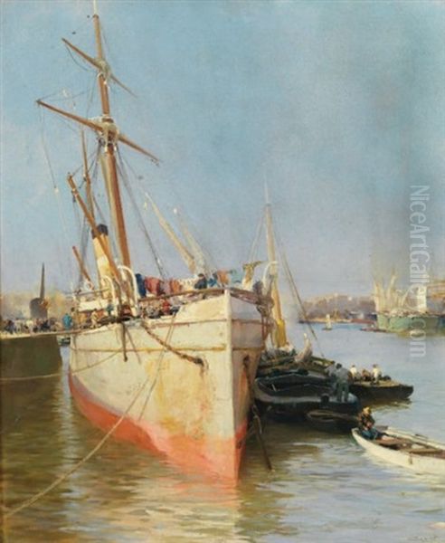 Bateau Au Port Oil Painting by Jacques-Marie Omer Camoreyt