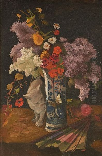 Composition Au Vase Fleuri Et Chat Oil Painting by Camille Van Camp