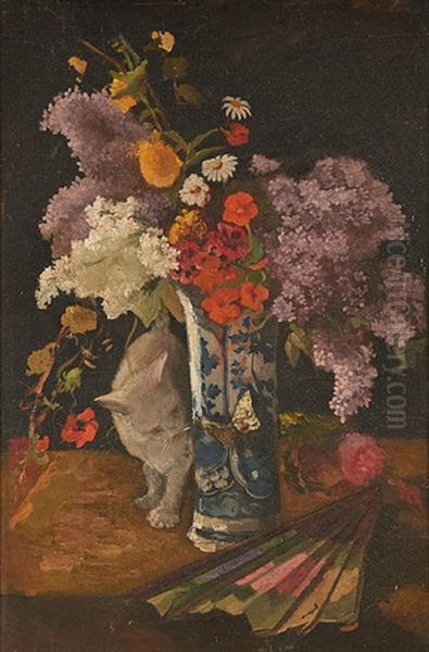 Composition Au Vase Fleuri Et Chat Oil Painting by Camille Van Camp