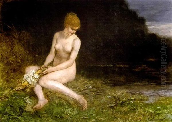 Baigneuse Au Bouquet De Fleurs Dans Un Paysage by Camille Van Camp