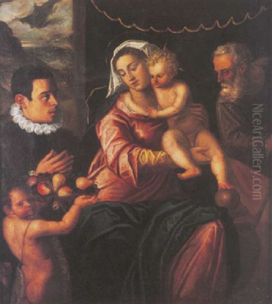 The Holy Family With The Infant Saint John The Baptist, With A Male Donor In Attendance Oil Painting by Domenico Campagnola