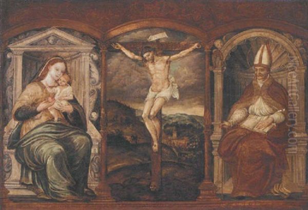 The Crucifixion, Flanked By The Virgin And Child Enthroned And A Bishop Saint Oil Painting by Pedro Campana