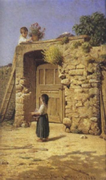 Fanciulli Nel Cortile, 1886 Oil Painting by Simone Campanile