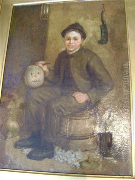 Boy Carving A Turnip Seated On A Barrel Oil Painting by James Campbell