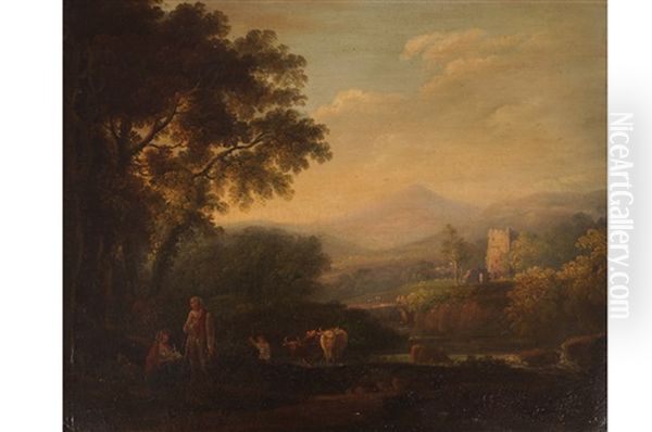 A Landscape In Co. Wicklow, With The Sugar Loaf Mountain In The Distance, Figures And Animals In The Foreground, And A Castle In The Middle Distance Oil Painting by John Henry Campbell