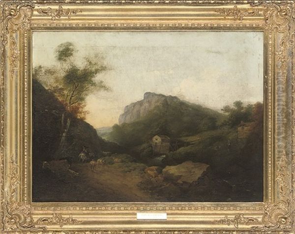 Figures On Horseback In An Extensive Landscape, With Cattle And Sheep Beside A River Oil Painting by John Henry Campbell