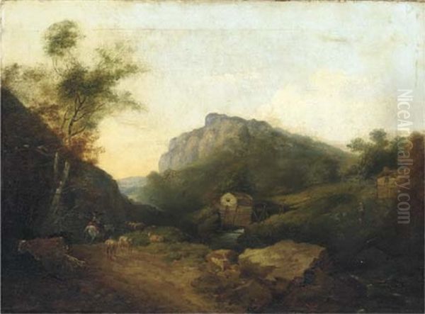 Landscape With Figures On Horseback And Cattle And Sheep By A River by John Henry Campbell