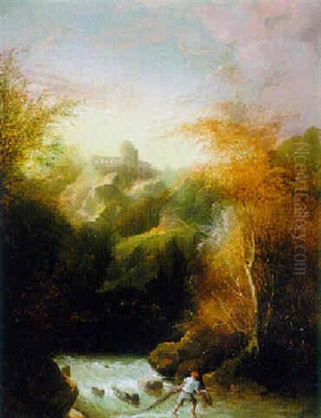 Landscape With Fisherman Pulling His Net From A Stream Oil Painting by John Henry Campbell