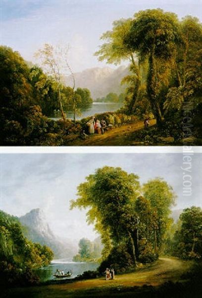 Wooded River Landscapes With Figures On A Path by John Henry Campbell