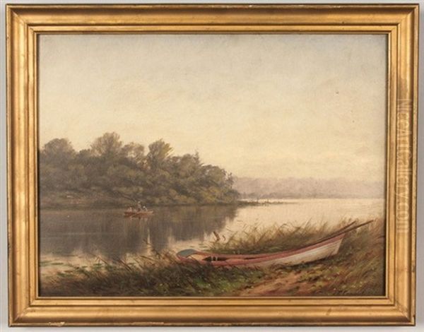 East Tennessee River Scene (with Fishermen In Boat And Landscape) Oil Painting by Thomas Campbell