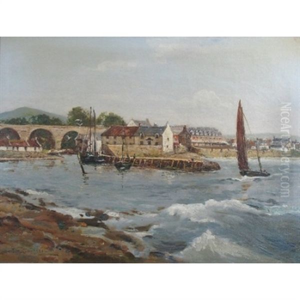 Harbour Scene With Sailing Boats And Town Buildings Oil Painting by Tom Campbell