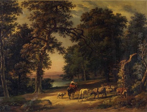 Bergere Avec Vaches Et Moutons Dans Un Sous-bois Pres De La Mer Oil Painting by Ottavio Campedelli