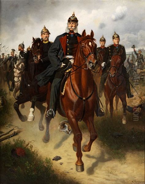 Ausritt Kaiser Wilhelms I In Begleitung Von Graf Moltke Und Furst Bismark Sowie Weiteren Hochrangigen Kavalleristen Oil Painting by Wilhelm Camphausen