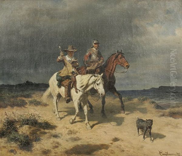 Ritter Und Lesender Begleiter Zu Pferde An Der Kuste Oil Painting by Wilhelm Camphausen