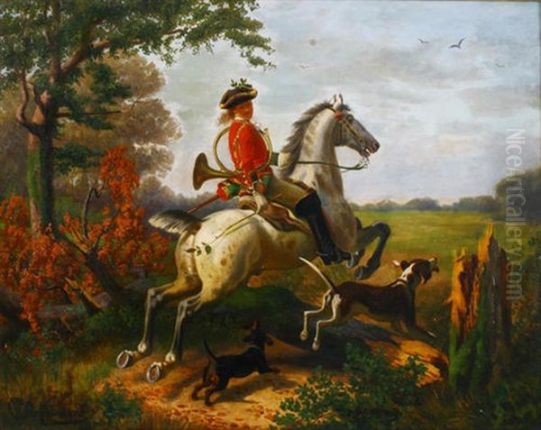 Hornist Auf Seinem Schimmel Und Mit Hunden Beim Querfeldeinritt Oil Painting by Wilhelm Camphausen